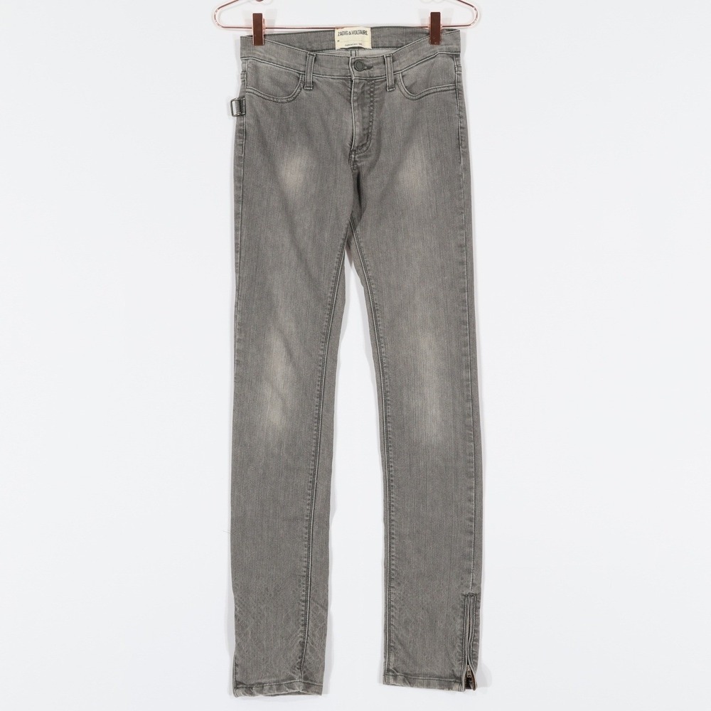 Zadig & Voltaire Eva Jeans Women 26 Grey Skinny Ankle Zip Buckle Grunge Alt Moto